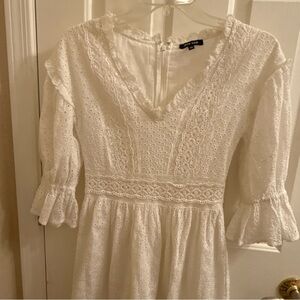 Anthropologie Love Sam Milk Maid Dress Eyelet Lined White XS Puff Sleeve Ruffled
